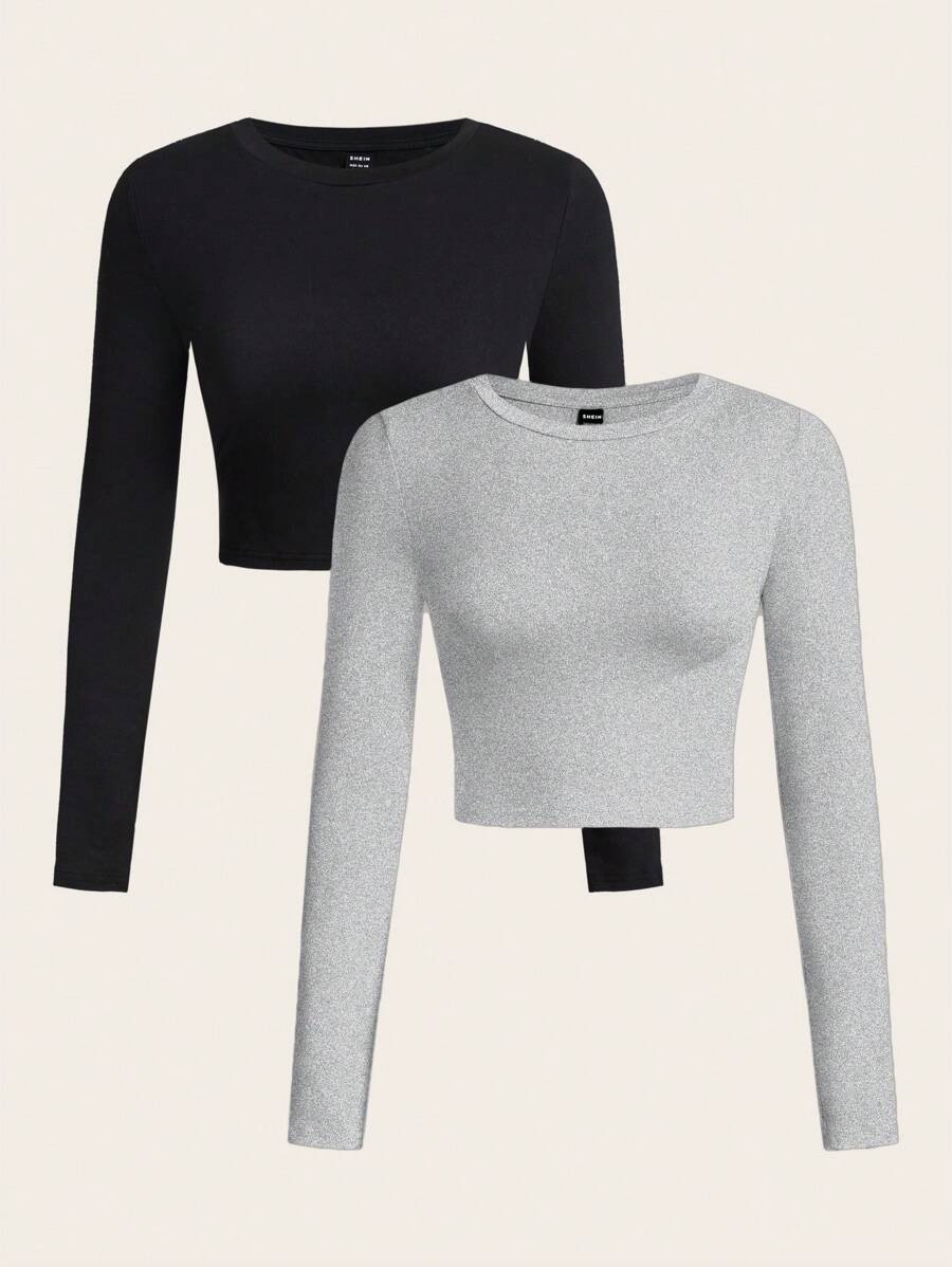 SHEIN EZwear 2pcs/Set Women Casual Crew Neck Long Sleeve Cropped Fitted T-Shirts, Suitable For Spring And Autumn