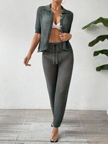 Breezaya Ensemble 2 Pièces Pour Femmes : Haut À Manches Courtes Boutonné Simple Avec Découpe Et Pantalon - Vert - Voir 6