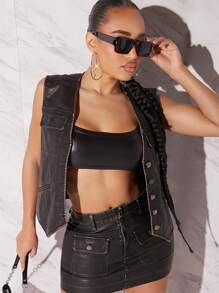 Hauture PU Leather Button Front Vest - Black - View 3