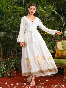 Divindia Damski Złota folia Nadruk Rękaw latarnia Sukienki