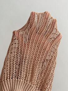 Chiquease 女士镂空针织短款套头衫秋冬毛衣 - 卡其色 - 查看 4