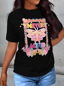 SHEIN Essnce Women's Round Neck Butterfly & Floral Printed Short Sleeve T-Shirt - Black - View 1