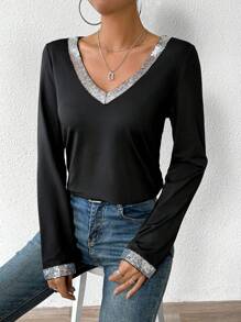 SHEIN Privé 女士閃亮拼接v領t恤 - 黑色 - 查看 6