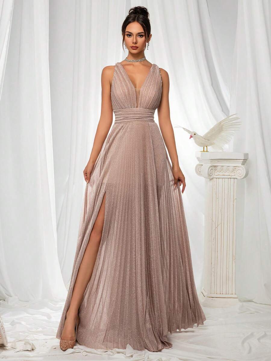 VIPGIRL 女士露背高侧开衩晚礼服长款优雅舞会婚礼宾客礼服，适合毕业典礼、晚宴派对礼服