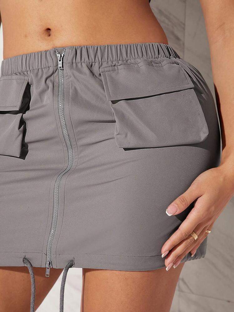 Flap Pocket Zip Up Drawstring Skirt