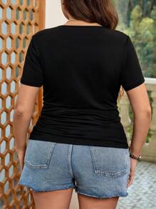 SHEIN LUNE Plus Size Slimming Ruched V-Neck Casual Basic Summer T-Shirt - Black - View 2