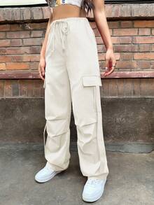 SHEIN Unity Solid Color Drawstring Waist Cargo Style Pants - Apricot - View 5