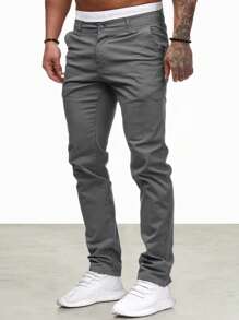 Manfinity Homme Pantalones De Pierna Recta De Color Liso Para Hombre - Gris Oscuro - Ver 3