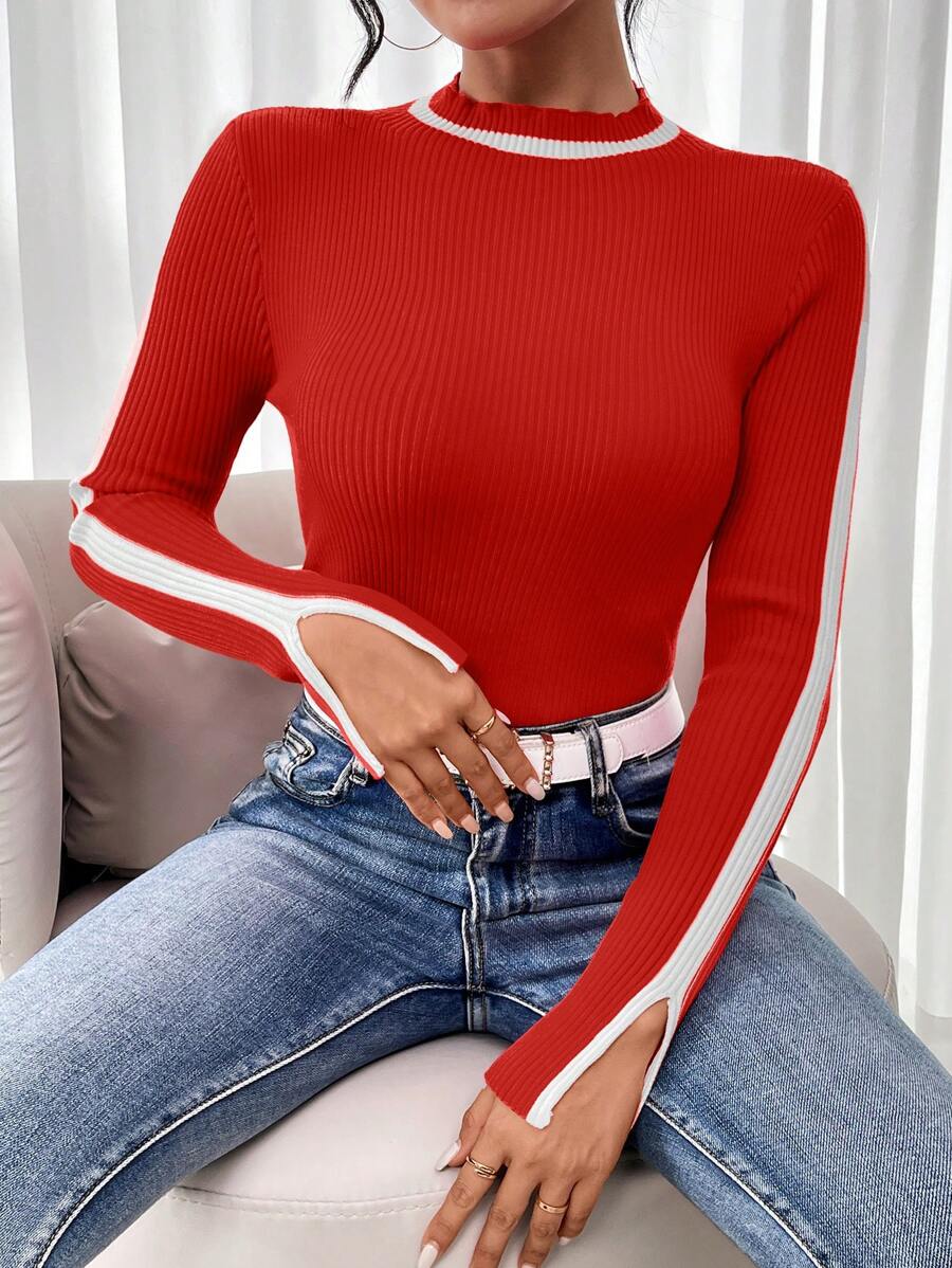 Chiquease Women's Side Slit Long Sleeve Pullover Knit Pullover Fall Winter Sweater - Orange - View 1