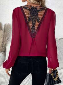 SHEIN LUNE Lantern Sleeve Wrap Top - Burgundy - View 1