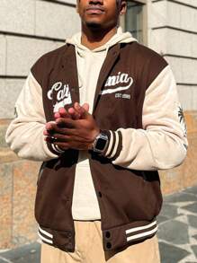 ROMWE MEN Prep 男士字母拼色前扣棒球夾克 - 棕色 - 查看 1