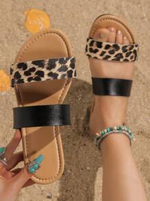 Của phụ nữ Mùa hè In hoa Báo Dây đeo Dép phẳng , Chóp giầy mở ra , Thoải mái Phong cách bờ biển Kỳ nghỉ Giày dép - màu đen - Xem 1