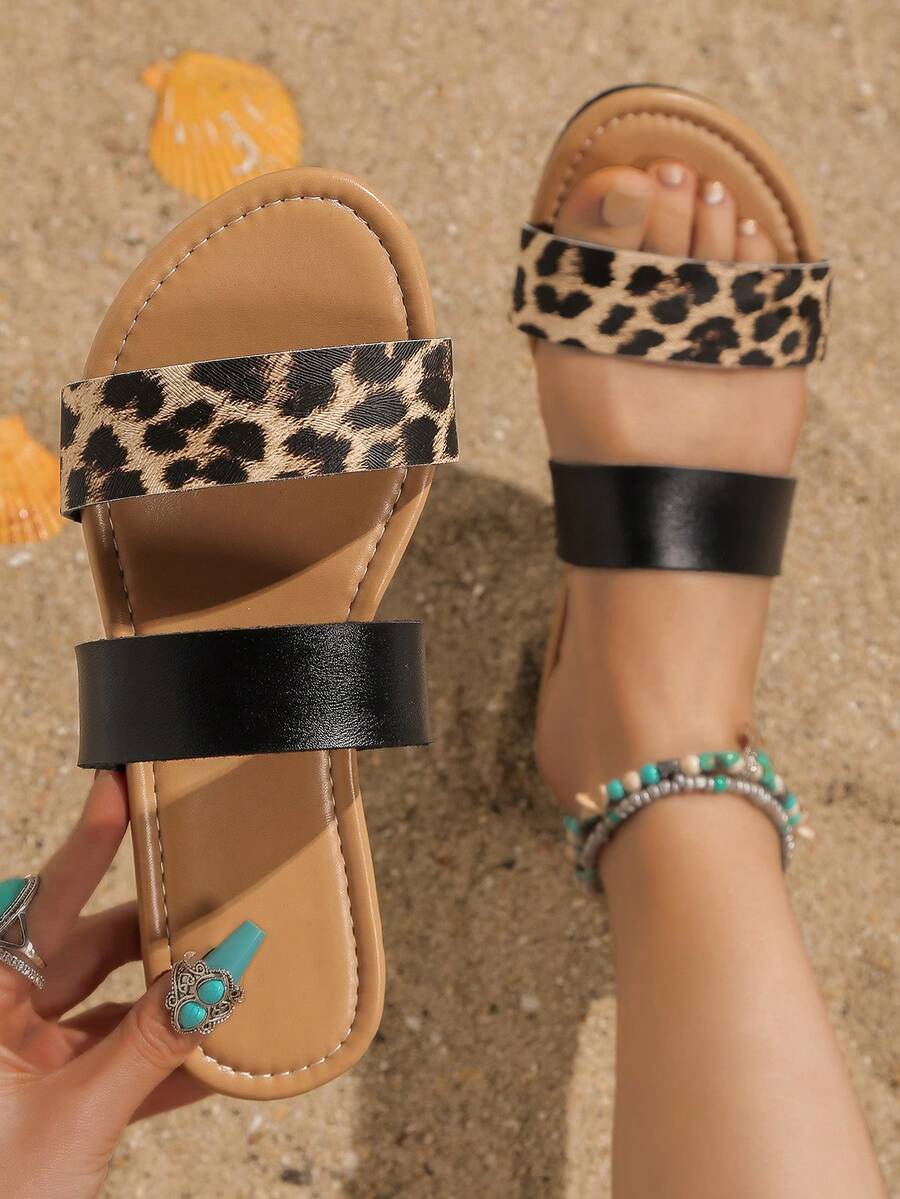 Của phụ nữ Mùa hè In hoa Báo Dây đeo Dép phẳng , Chóp giầy mở ra , Thoải mái Phong cách bờ biển Kỳ nghỉ Giày dép - màu đen - Xem 1