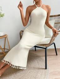 Breezaya Solid Color Halter Neck Fringed Hem Dress Maxi Vacation Beach Outfits Women