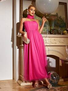 Glamaker Women'S Mesh Flared Cocktail Dress - Hot Pink - View 5