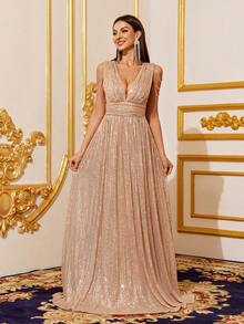 Faeriesty 链条装饰深V领圣诞亮片教堂舞会礼服 - 香檳色 - 查看 4