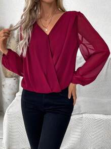 SHEIN LUNE Lantern Sleeve Wrap Top - Burgundy - View 5