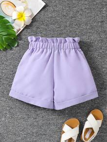 SHEIN Shorts de moda morados de cintura alta con ribete de volantes para niñas jóvenes para el verano - Morado - Ver 2