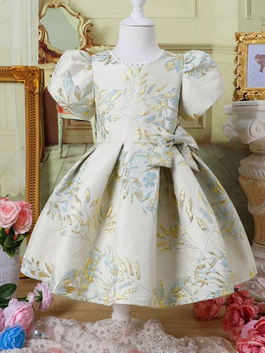 SHEIN 小女孩繡花緞面連衣裙,有蝴蝶結裝飾和泡泡袖 - 藍白色 - 查看 1