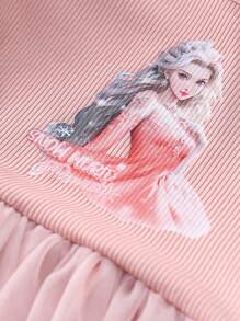 Vestido de malla con contraste de estampado de dibujos animados para niñas bebés - Rosa - Ver 6