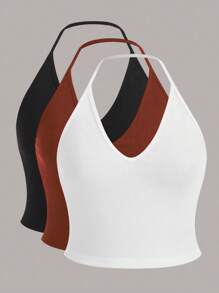 SHEIN LUNE 大尺碼女士純色肋條款頸挂背心 - 彩色 - 查看 1