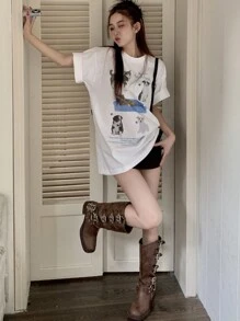 Áo thun nữ cổ tròn in họa tiết động vật, dáng rộng, thoải mái mặc hàng ngày - trắng - Xem 6