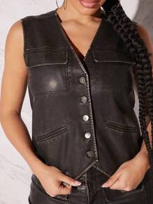 Hauture PU Leather Button Front Vest - Black - View 6