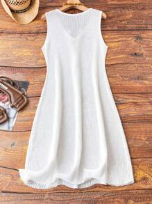 SHEIN LUNE Plus Size Women's V-Neck Sleeveless Sweater Dress - Apricot - View 2