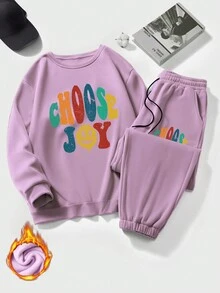 Calvaya Plus Size 2pcs/Set Letter Printed Sweatshirt And Sweatpants Set - Purple - View 3