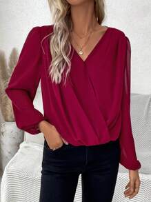 SHEIN LUNE Lantern Sleeve Wrap Top - Burgundy - View 3