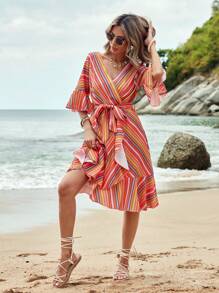 SHEIN LUNE Vestido De Mujer Con Mangas Con Volantes Y Rayas - Multicolor - Ver 4