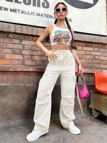 SHEIN Unity Solid Color Drawstring Waist Cargo Style Pants - Apricot - View 6