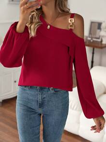Chain Detail Asymmetrical Neck Lantern Sleeve Blouse - Red - View 5