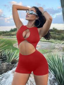 SHEIN SXY Solid Color Cut Out Catsuit Unitard, For Summer - Red - View 1