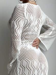 SHEIN Swim 女式高開衩鏤空罩衫 - 白色 - 查看 4