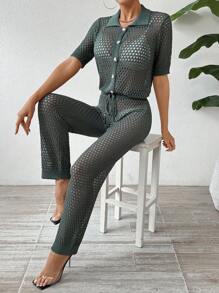Breezaya Ensemble 2 Pièces Pour Femmes : Haut À Manches Courtes Boutonné Simple Avec Découpe Et Pantalon - Vert - Voir 1