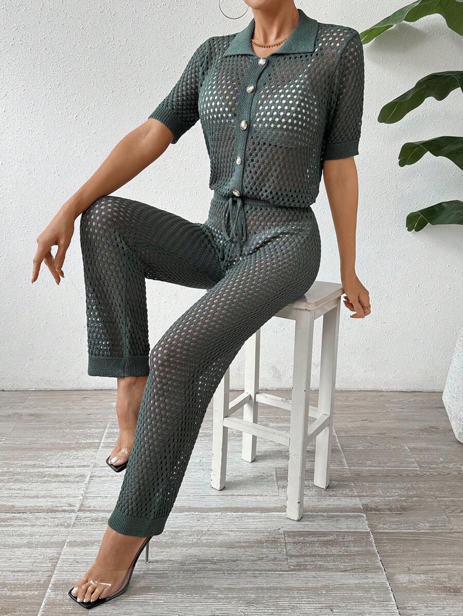 Breezaya Ensemble 2 Pièces Pour Femmes : Haut À Manches Courtes Boutonné Simple Avec Découpe Et Pantalon - Vert - Voir 1