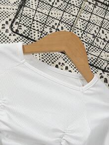 SHEIN Little Girls' Ribbed Knit Raglan Long Sleeve Top And Shorts Casual Fashion Outfit - Multicolor - View 6