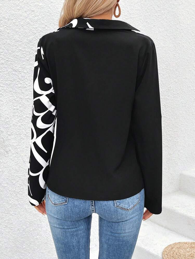 Color Blocking Letter Print Women'S Shirt Fall Cloth For Women