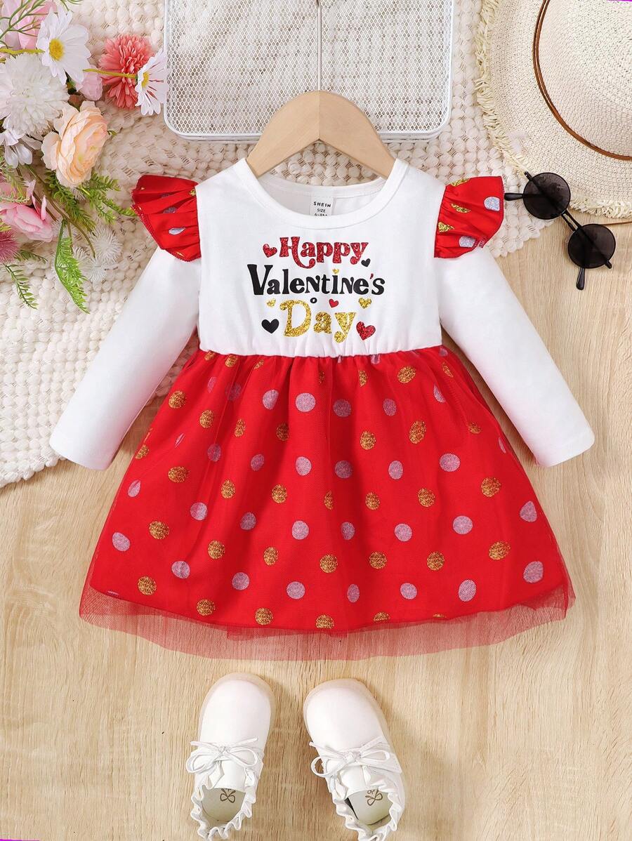 Valentine's Day Baby Girls' Mesh Gold Stamping Polka Dot Print Dress - Red - View 1
