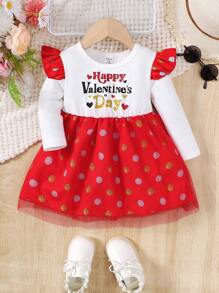 Valentine's Day Baby Girls' Mesh Gold Stamping Polka Dot Print Dress - Red - View 3