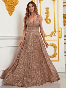 Faeriesty Deep V-Neck Sequin Long Evening Dress, Formal Party Dress Suitable For Gatherings, Parties, Balls, Wedding Guests, Graduation Ceremonies, Galas And Other Occasions - Champagne - View 6