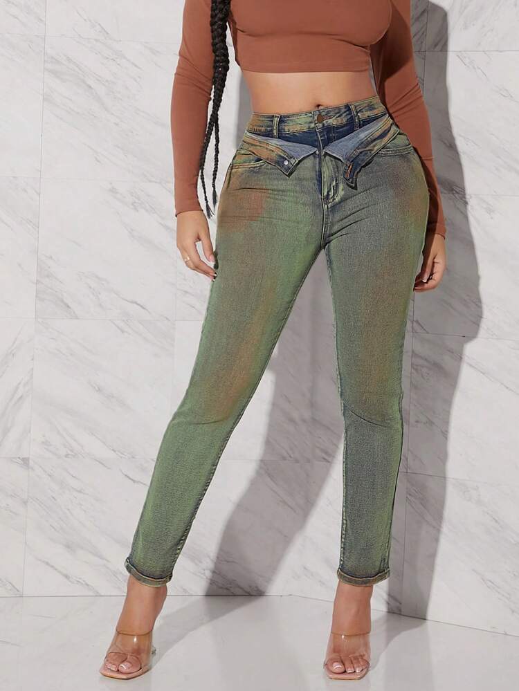 Foldover Waist Slant Pocket Casual Skinny Jeans