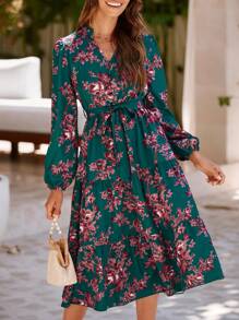 SHEIN LUNE Plant Print Lantern Sleeve Dress - Green - View 7