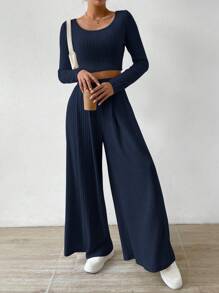 Chiquease Women's Short Cropped Sleeve T-Shirt And Wide-Legged Pants Two-Piece Set - Royal Blue - View 1