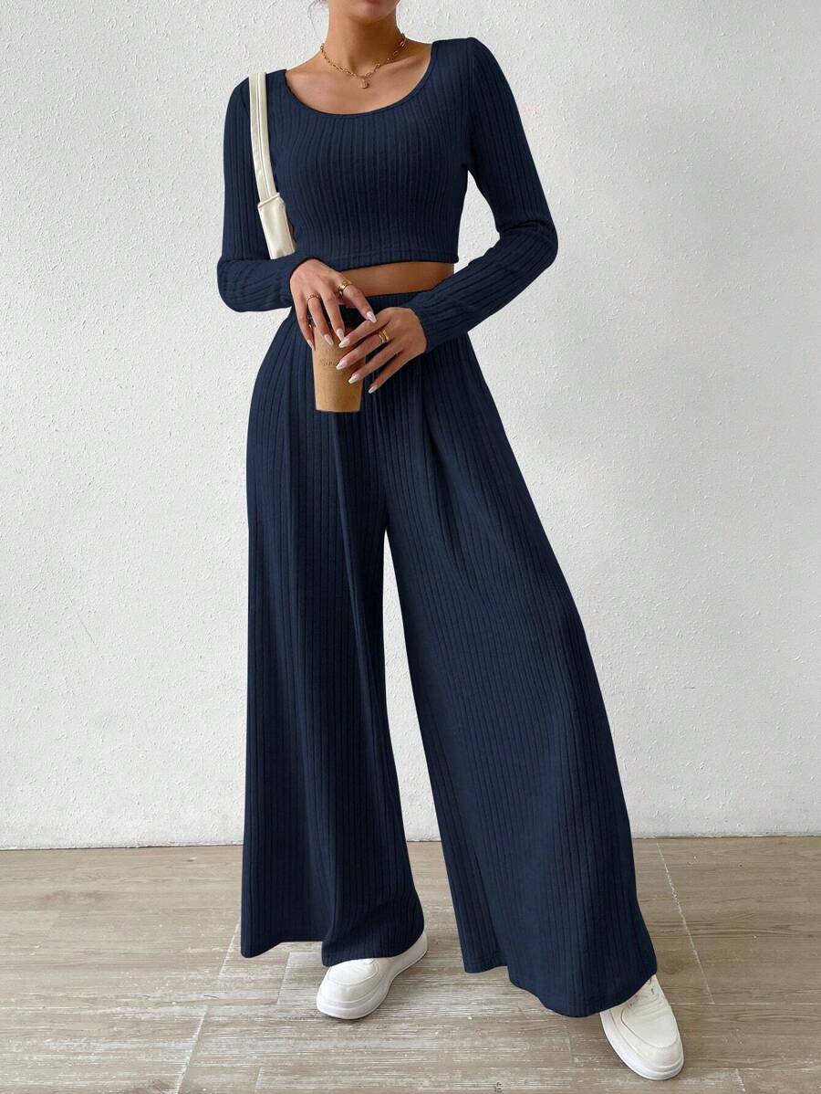 Chiquease Women's Short Cropped Sleeve T-Shirt And Wide-Legged Pants Two-Piece Set - Royal Blue - View 1