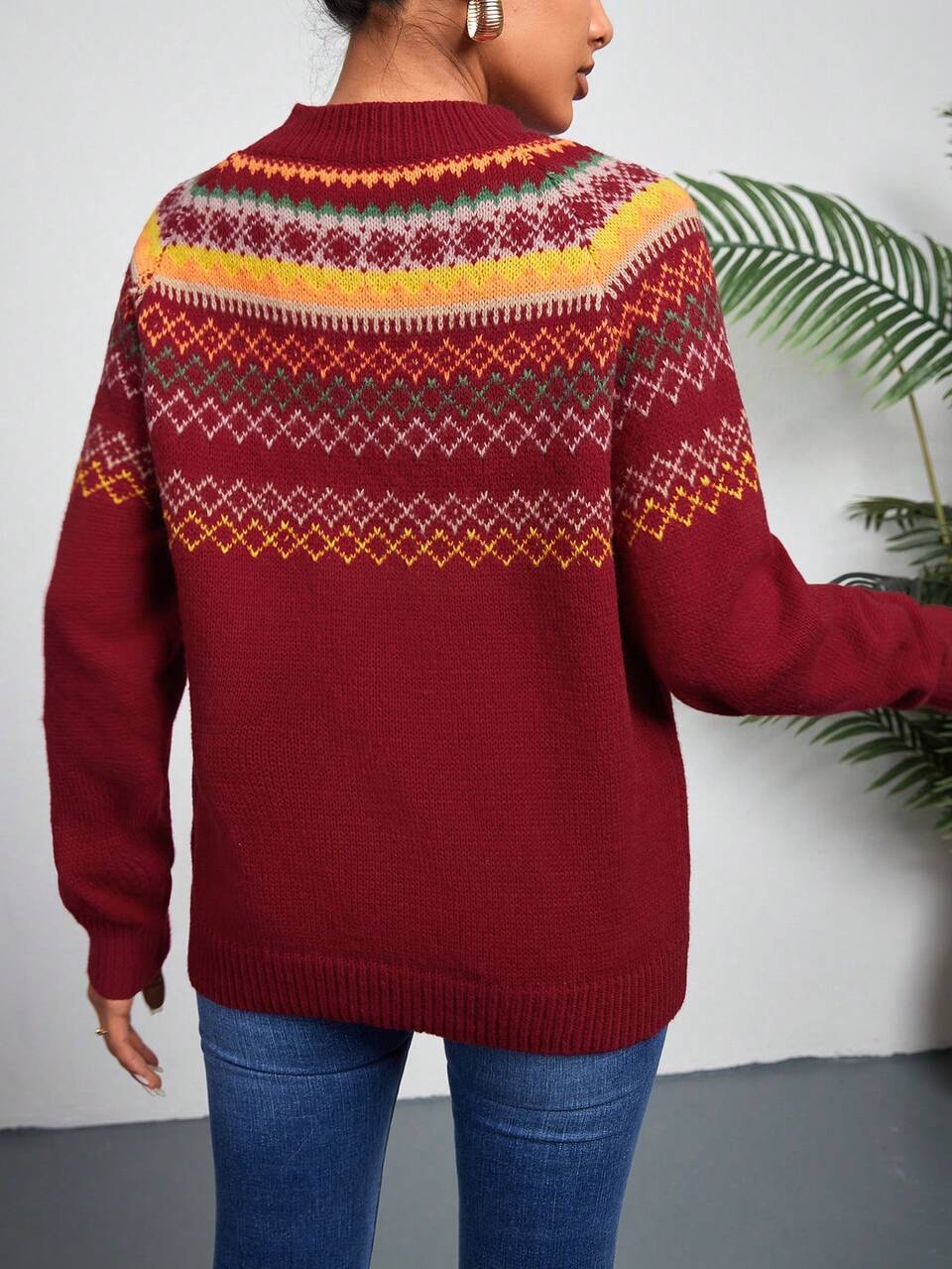 Women's Geometric Pattern Long Sleeve Knit Pullover Fall Winter Sweater