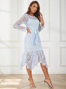 Eilly Bazar Solid Color Lace Long Sleeve Asymmetrical Hem Dress - Baby Blue - View 5