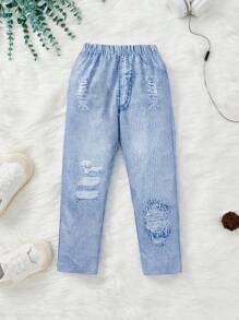 SHEIN 年轻女孩牛仔效果牛仔裤 - 淺藍色 - 查看 1