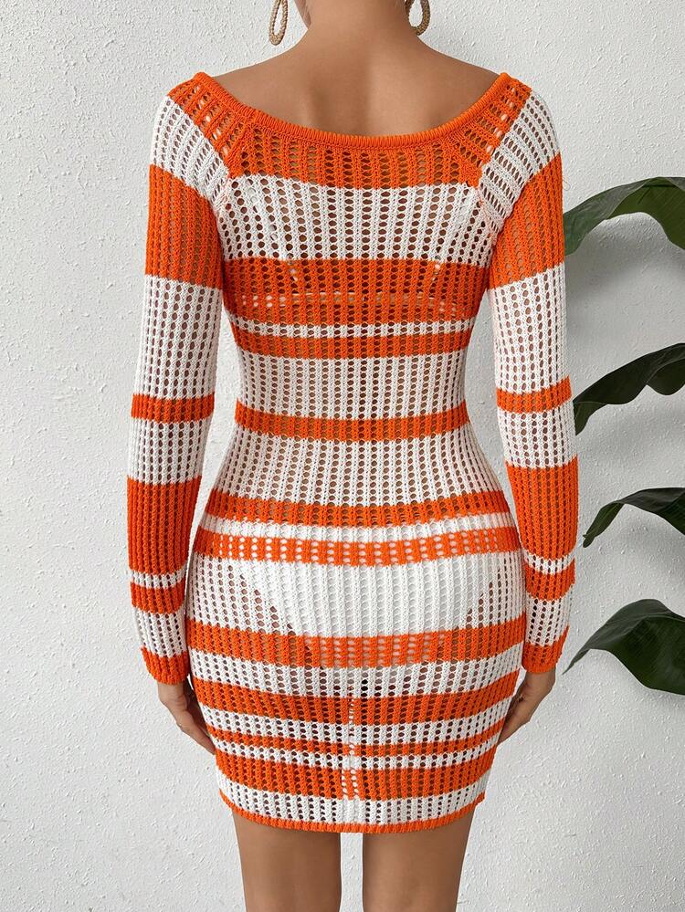 Women's Contrast Color Striped Knitted Sweater Dress With Hollow Out Detail Fall Cloth For Women